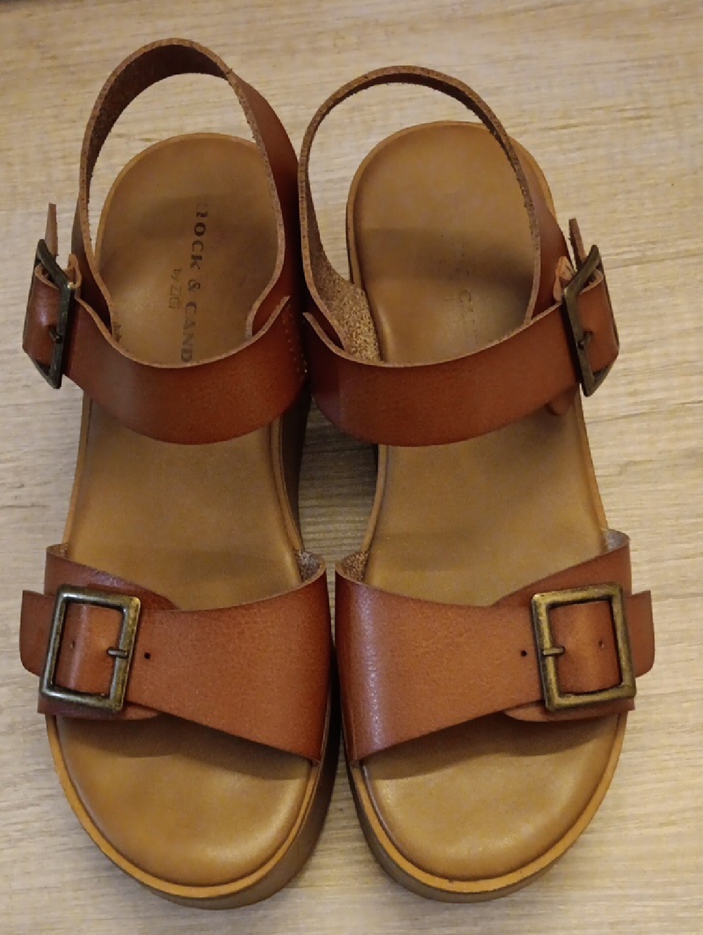 Rock & Candy Tan Brown Leather Buckle Sandals